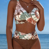 Bikini cu Gradient și Broderie în Bloc de Culori
