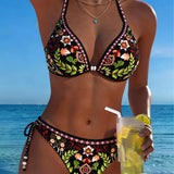 Bikini din două piese cu model floral etnic și nod la gât