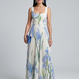 Ophelia | Rochie Midi Fără Mâneci cu Decolteu Pătrat și Motive Florale