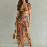 Ciel | Rochie Midi cu Volane la Mâneci și Crestătură
