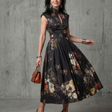 Greta | Rochie midi cu guler înalt, orificiu cu cheie și plisuri cu flori