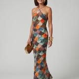 Larkin | Rochie Maxi cu model cu scuame multicolore și beton cu figuri