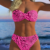 Costum de Baie Bikini cu Imprimeu Leopard în Două Piese