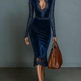 Ellie | Rochie Midi Bleumarin Elegantă și Modernă pentru Femei, cu Decolteu în V, Detalii din Dantelă și Mâneci
