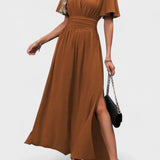 Tiina | Rochie maxi elegantă cu decolteu în V, mâneci fluide și spărtură laterală