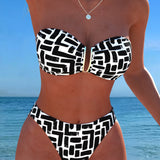 Bikini fără bretele cu model geometric
