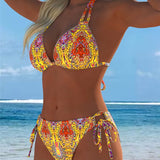 Bikini colorat cu design cu bretele la gât