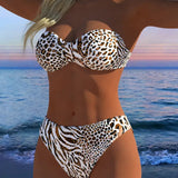 Costum de Baie Bikini cu Imprimeu Leopard în Două Piese