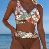 Bikini cu Gradient și Broderie în Bloc de Culori