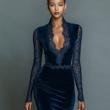Ellie | Rochie Midi Bleumarin Elegantă și Modernă pentru Femei, cu Decolteu în V, Detalii din Dantelă și Mâneci