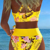 Bikini cu Decupaj Floral și Elemente de Contrast