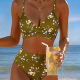 Bikini Sexy cu Imprimeu Floral și Spate Crossed