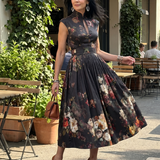 Greta | Rochie midi cu guler înalt, orificiu cu cheie și plisuri cu flori