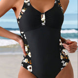 Costum de Baie Întreg cu Tipar de Contrast Fără Mâneci