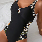 Costum de Baie Întreg cu Tipar de Contrast Fără Mâneci