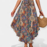 Terje | Rochie midi cu model floral și talie înaltă Cafea