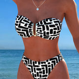 Bikini fără bretele cu model geometric