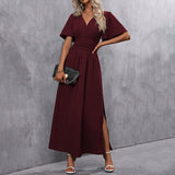 Tiina | Rochie maxi elegantă cu decolteu în V, mâneci fluide și spărtură laterală