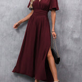 Tiina | Rochie maxi elegantă cu decolteu în V, mâneci fluide și spărtură laterală
