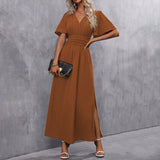 Tiina | Rochie maxi elegantă cu decolteu în V, mâneci fluide și spărtură laterală