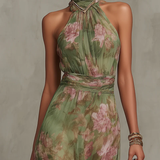 Serena | Rochie Maxi Florală Verde cu Guler Halter