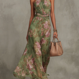 Serena | Rochie verde lunga cu imprimeu floral si panglica la gat