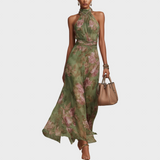 Serena | Rochie verde lunga cu imprimeu floral si panglica la gat