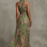 Serena | Rochie Maxi Florală Verde cu Guler Halter