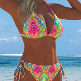 Bikini colorat cu design cu bretele la gât
