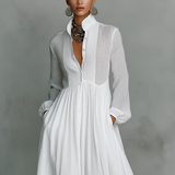 Sita | Rochie Maxi Mini cu Patchwork, Guler Înalt și Mâneci Lungi