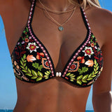 Bikini din două piese cu model floral etnic și nod la gât