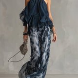 Ludovica | Set Elegant cu Bluză Închisă la Gât și Pantaloni Largi Imprimați