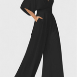 Isaura | Costum Elegant Mono cu Decolteu în V și Pantaloni Evazați