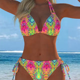 Bikini colorat cu design cu bretele la gât