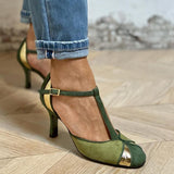 Taviana | Pantofi Stiletto cu Patchwork, Curea T și Vârf Închis