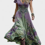 Serena | Rochie maxi scurtă cu imprimeu floral mov, design elegant