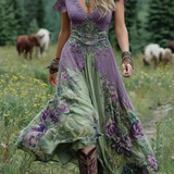 Serena | Rochie maxi scurtă cu imprimeu floral mov, design elegant