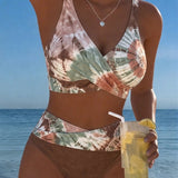 Bikini cu Gradient și Broderie în Bloc de Culori