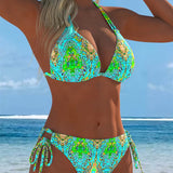 Bikini colorat cu design cu bretele la gât