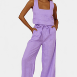 Pascuala | Set din linen cu cămașă fără mâneci și pantaloni ample