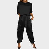 Irena™ | Set de satin cu bluză cu cădere liberă și pantaloni cargo
