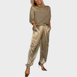 Irena™ | Set de satin cu bluză cu cădere liberă și pantaloni cargo